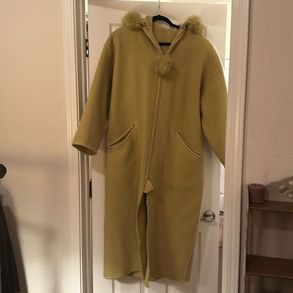 Full length Laparka wool coat with removable fur hood and shoulder pads